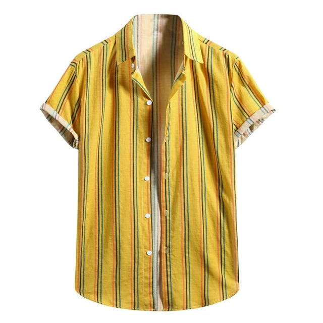 Mens Shirts Summer Striped Print TurnDown Collar Lapel Short Sleeve
