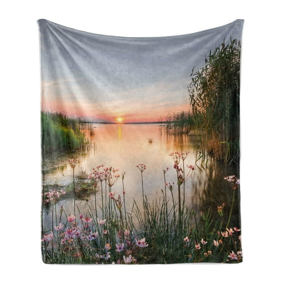 Nature Soft Flannel Fleece Throw Blanket, Sunset at Chudskoy Lake Estonia View Spring Flowers Landscape Photo, Cozy Plush for Indoor and Outdoor Use, 50" x 60", Baby Blue Pale Pink, by Ambesonne