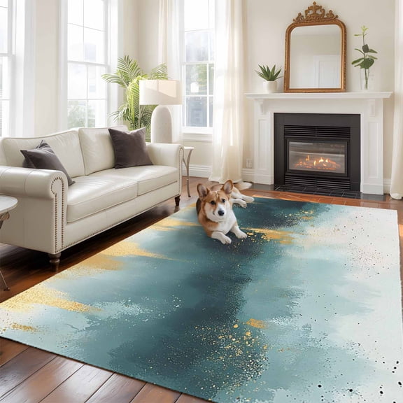 6'x9' Area Rugs, Modern Teal Gold Indoor Outdoor Area Rug for Living Room Bedroom, Abstract Geometric Lines Washable Bathroom Rugs Kitchen Floor Carpet Mats Home Decor Aesthetic