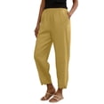 thumbnail image 5 of Women's Stacked V Hem Trousers, High Waist Casual Slub Cotton Line Pants with Elastic Waistband, Relaxed Fit Long Pants for Daily Wear, Vacation and Loungewear Gold XXL, 5 of 9
