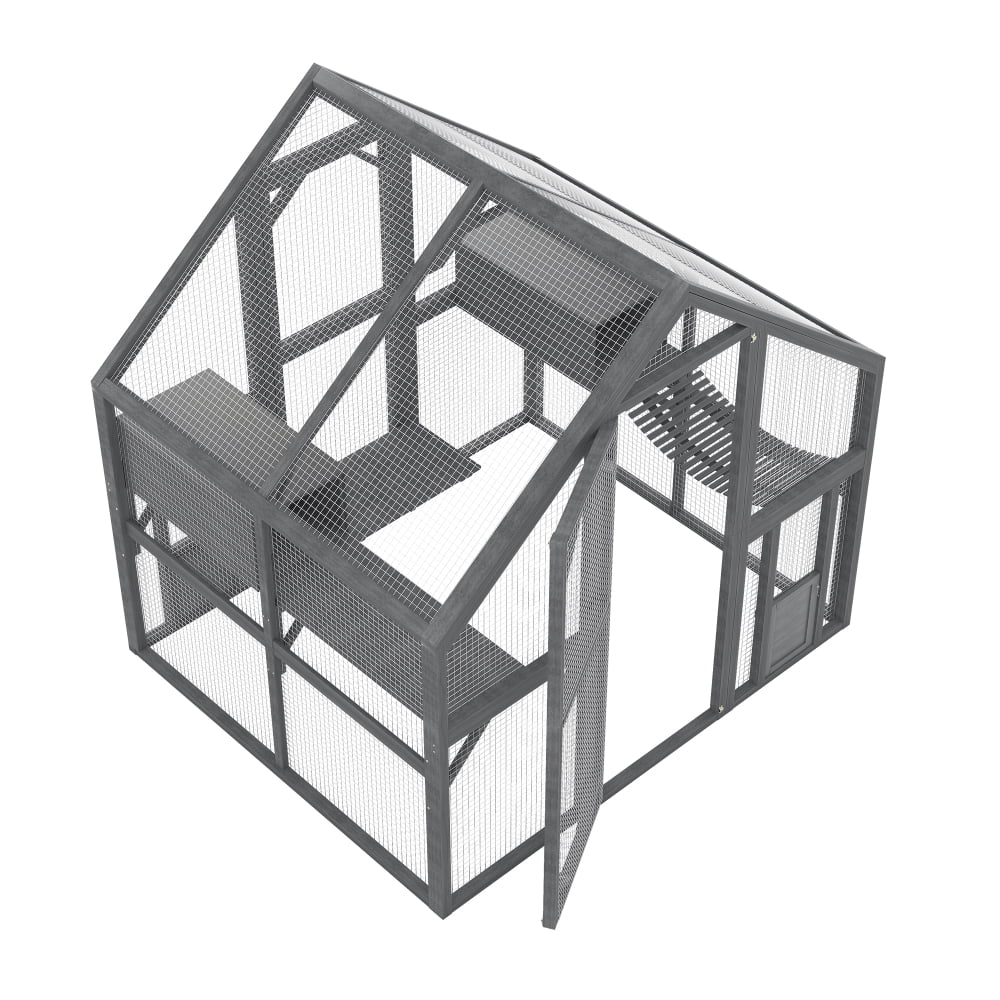 Large Wooden Outdoor Cat Enclosure, Multi-Cat Catio with Platforms, Resting Boxes & Bridge, Waterproof UV Proof Canopy Included