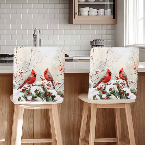 Winter Christmas Chair Covers Set of 6 Cardinal Bird Red Berry Pine Leaves Chair Back Covers Stretch Removable Washable Slipcovers Protector for Dining Room Kitchen Party Decor