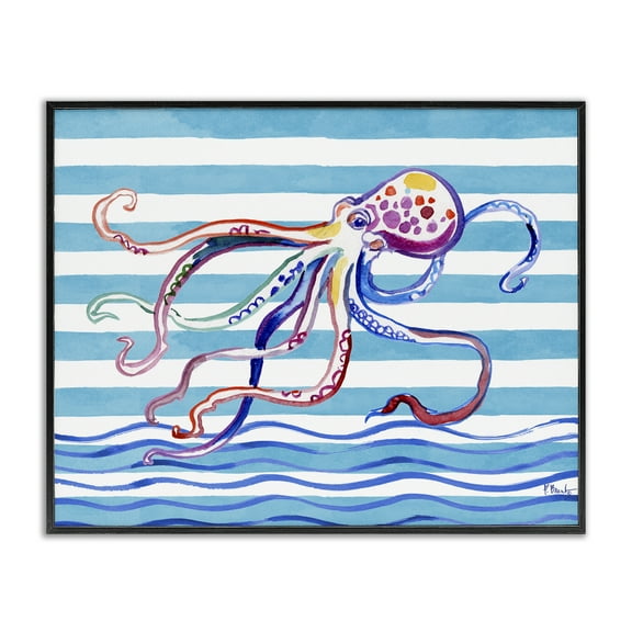 Stupell Industries Brushed Octopus on Stripes Black Framed Giclee Art design by Paul Brent, 11 x 14