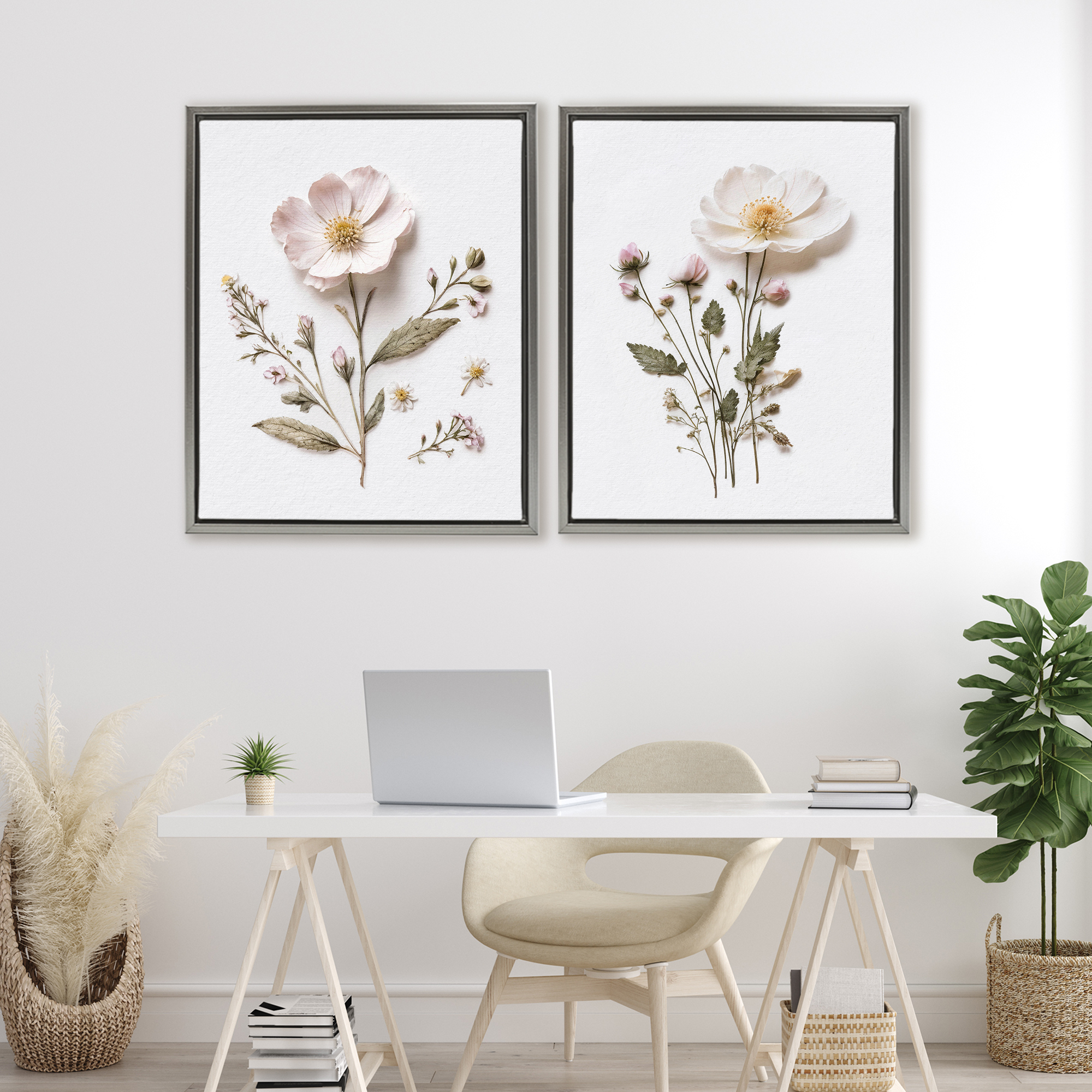 Minimal Pressed Flowers 2 Piece Gray Framed Floater Canvas Set, design by Lettered and Lined