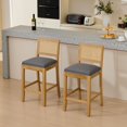 thumbnail image 2 of 26" Rattan Bar Stools Set of 2, Farmhouse Counter Height Barstools with Rattan Back, Upholstered Kitchen Island Barstools with Footrest for Living Room, Gray, 2 of 8
