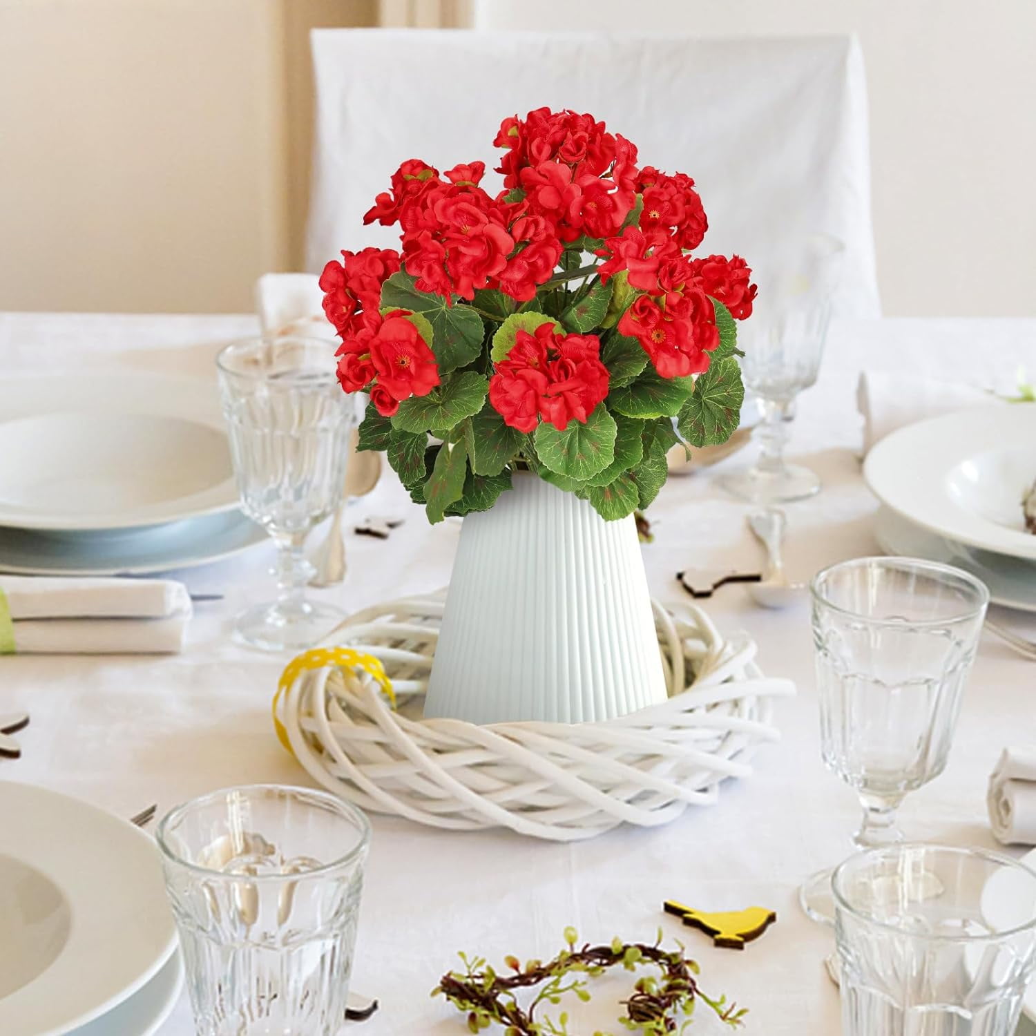 12 Pcs Artificial Red Geranium Silk Flowers Outdoor Plant Bush Faux Flowers Geraniums for Home Indoor Outside Garden Patio Vase Grave Cemetery Table Centerpieces Decor