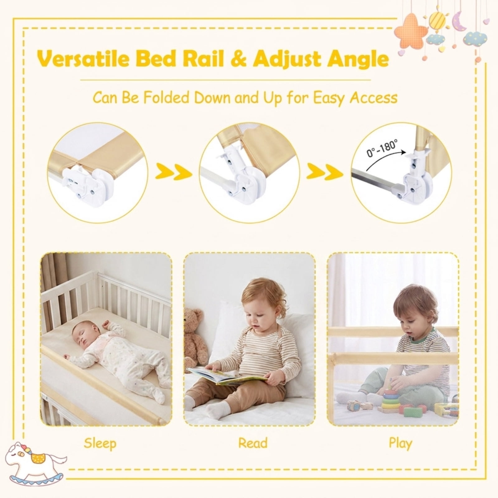 SUGIFT 59 Inch Folding Breathable Bed Side Rails Guard with Swing Down Design Mesh Panel Safety Strap Metal Crossbar and Washable Cover for Bedside Protection, Beige