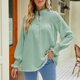 thumbnail image 2 of Mujeres agárico cordones turtleneck camisa manga larga abotonado Top suelta casual stand collar blusa, 2 of 6
