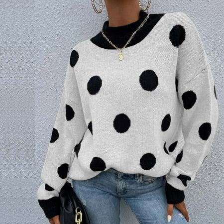 Wreesh Women s O Neck Knitted Polka Dot Pullover Knitted Sweater Top Blouse White