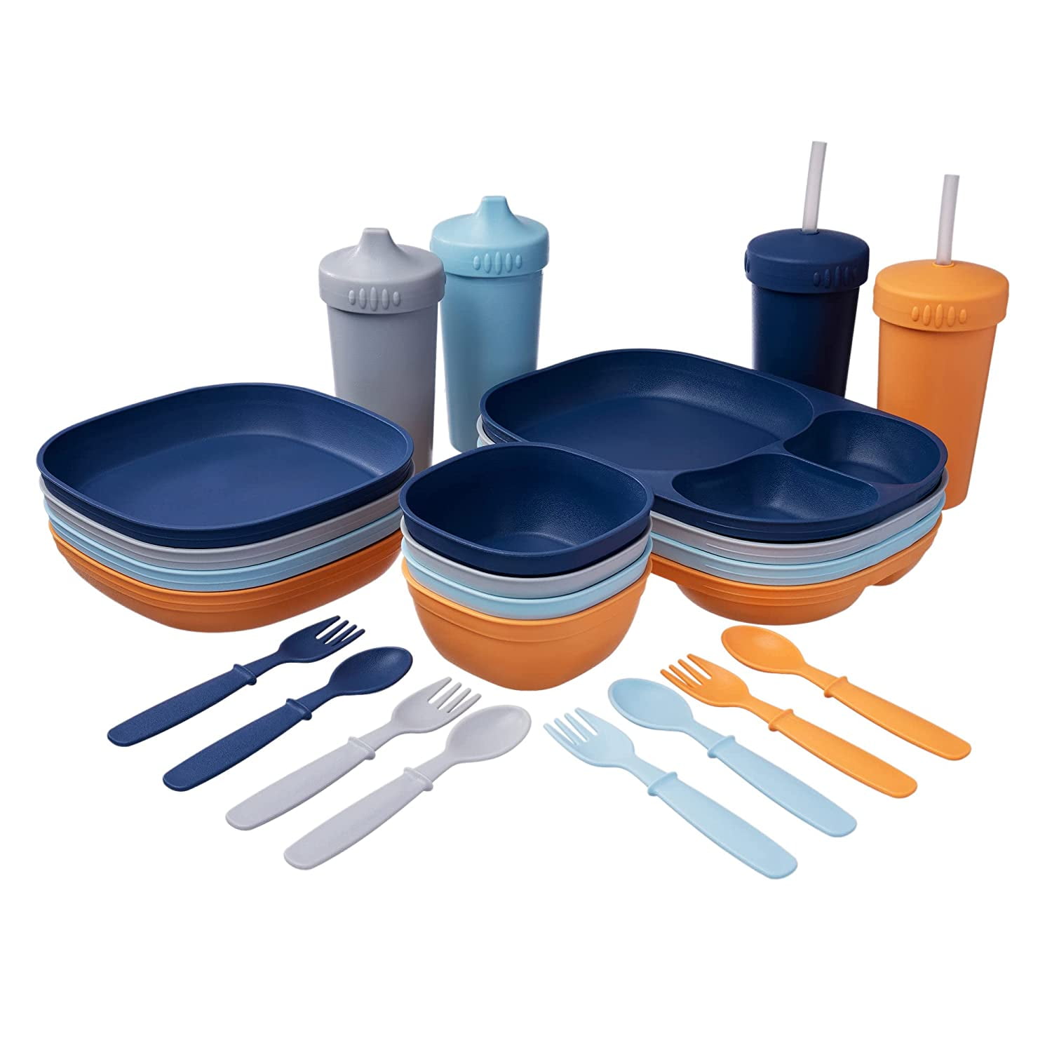 MightyMoe 28PC Children's Tableware Set w/ 4 Colors Dark Blue Orange Light Blue Gray