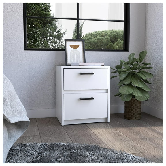 White Nightstand with 2 Drawers - 18 Inch Bedroom Side Table with Metal Handles - Modern Nightstands for Bedroom - Small Nightstand