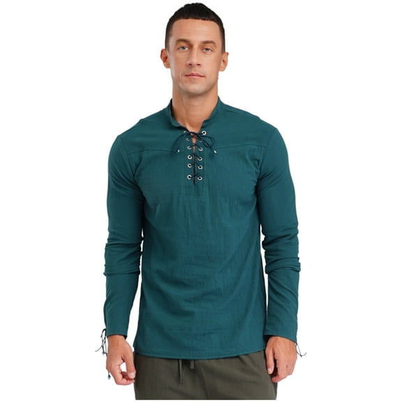 iiniim Men's Medieval Viking Costume Renaissance Pirate Role Play Long Sleeves Lace up Shirt Tops Army Green S