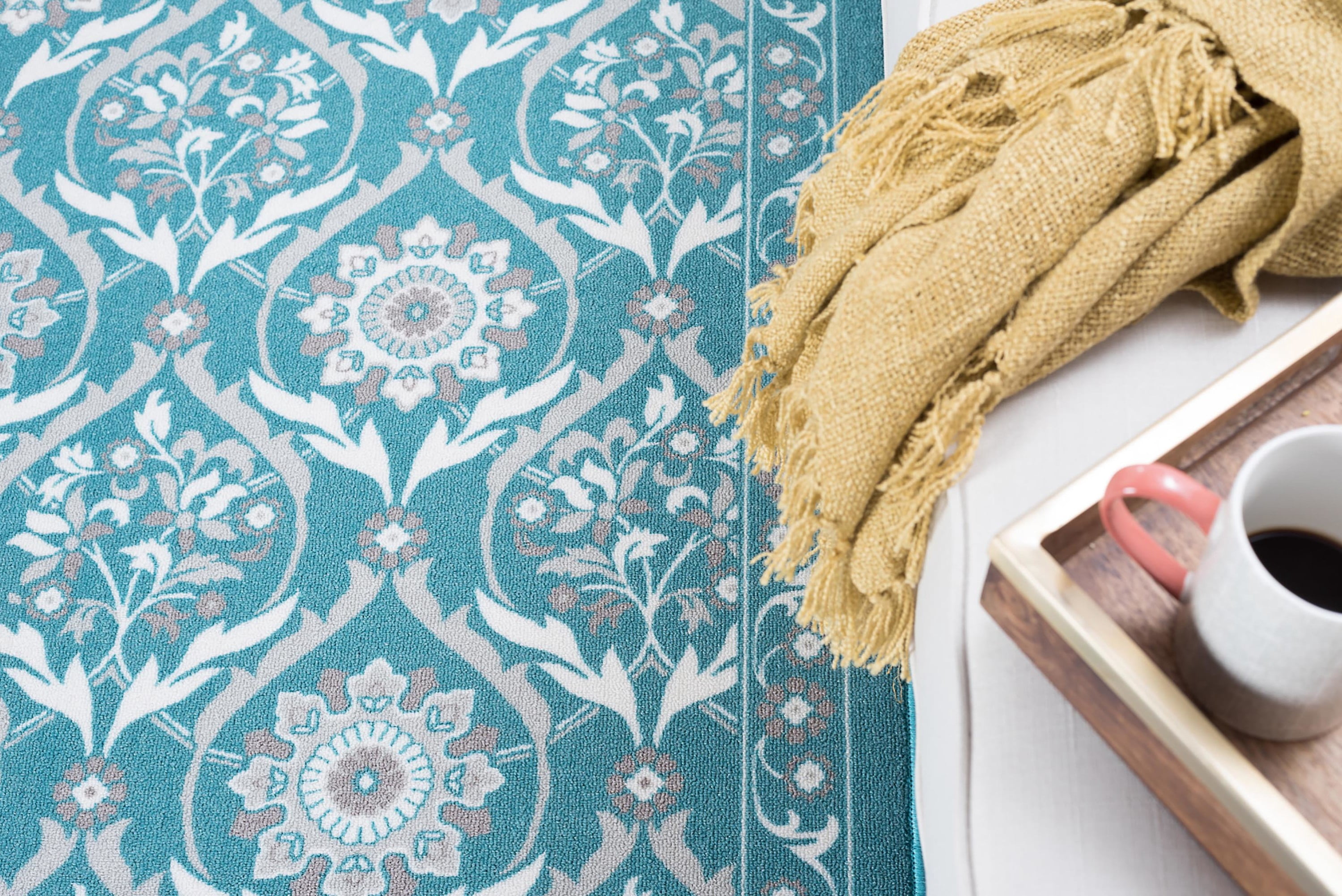 Transitional Area Rug (4-Piece Rug Set: (8' x 10', 5' x 7', 20'' x 60'', 20'' x 32'')) Floral Teal, Ivory Indoor Set Easy to Clean