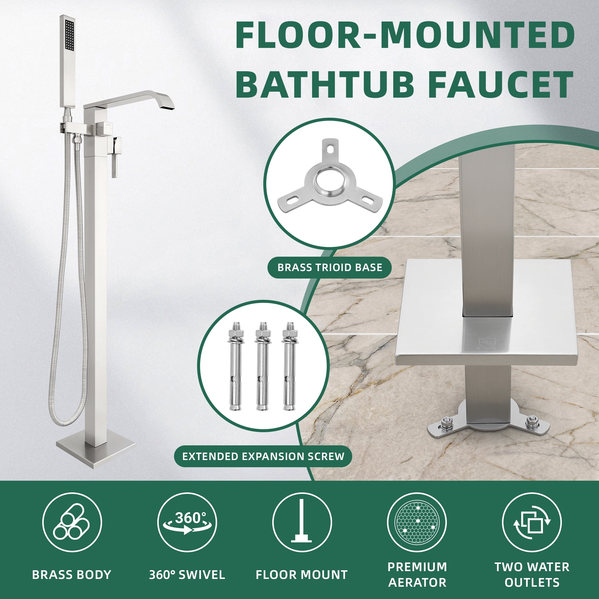 Free Standing Tub Faucet, High Flow Freestanding Bathtub Faucet with Waterfall Spout & Handheld Shower, 360°Swivel Tub Filler, Brass Body, Brushed Nickel