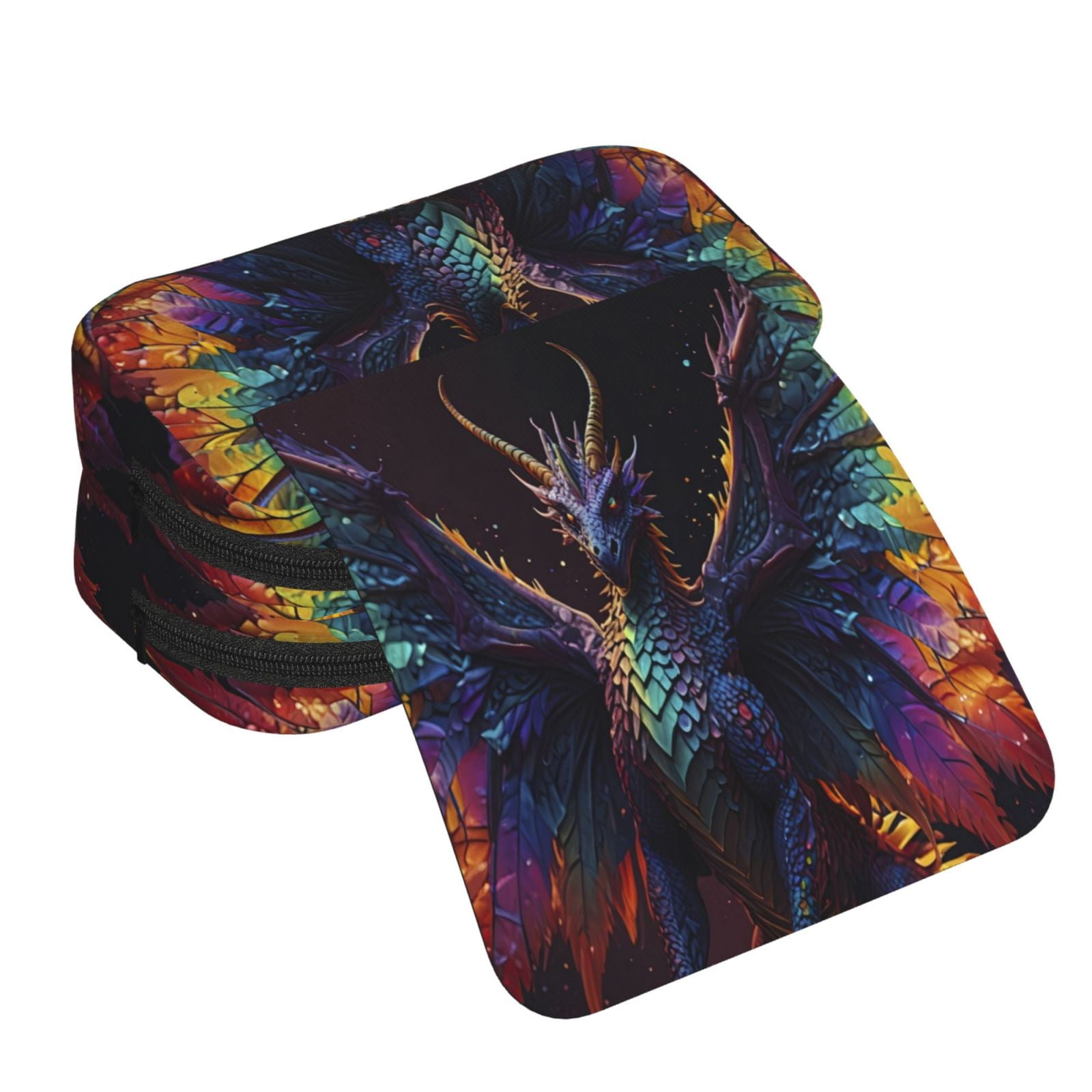 Rateoe Rainbow Wings Majestic Dragon Pattern Double Clamshell Pen Case, Storage Organizer with Two Zipper Compartments– Holds Up to 50 Pencils & Pens