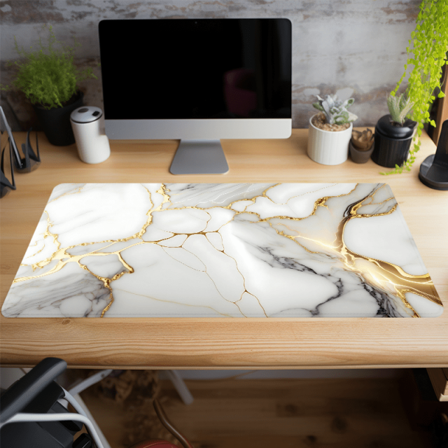 Large Natural Rubber NonSlip Game Mouse Pad White Golden Marble Computer Desk Keyboard Pad 35.4X15.7in