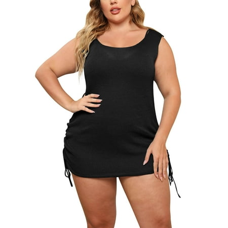 MSJUHEG Swim Cover Up for Women Gauze Dress for Women Sheer Button Up Blouse Chiffon Cardigan for Women Swimsuit with Coverup Hip Skirted Beach Tank Dress Backless Crochet Cover Up Black XXL