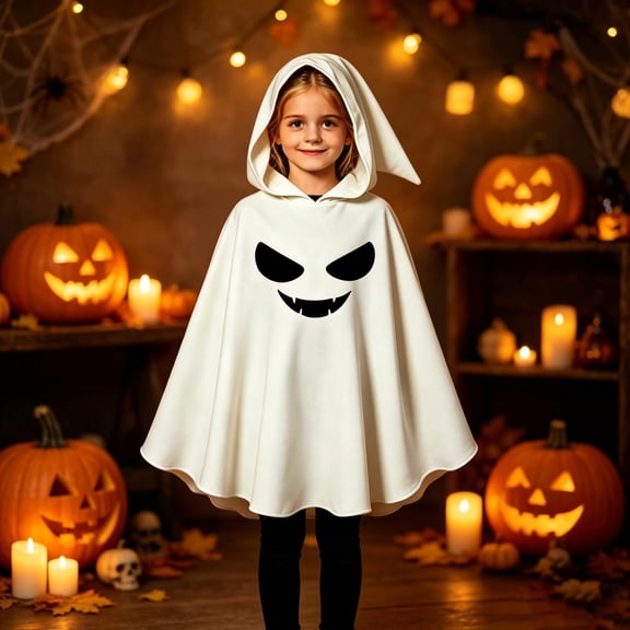 Gunia Kids White Ghost Poncho Glow-In-The-Dark Cape Cloak Cosplay Halloween Role Play Dress-Up Outfit For Boys Girls Stage Performance Holiday Party Wear,White