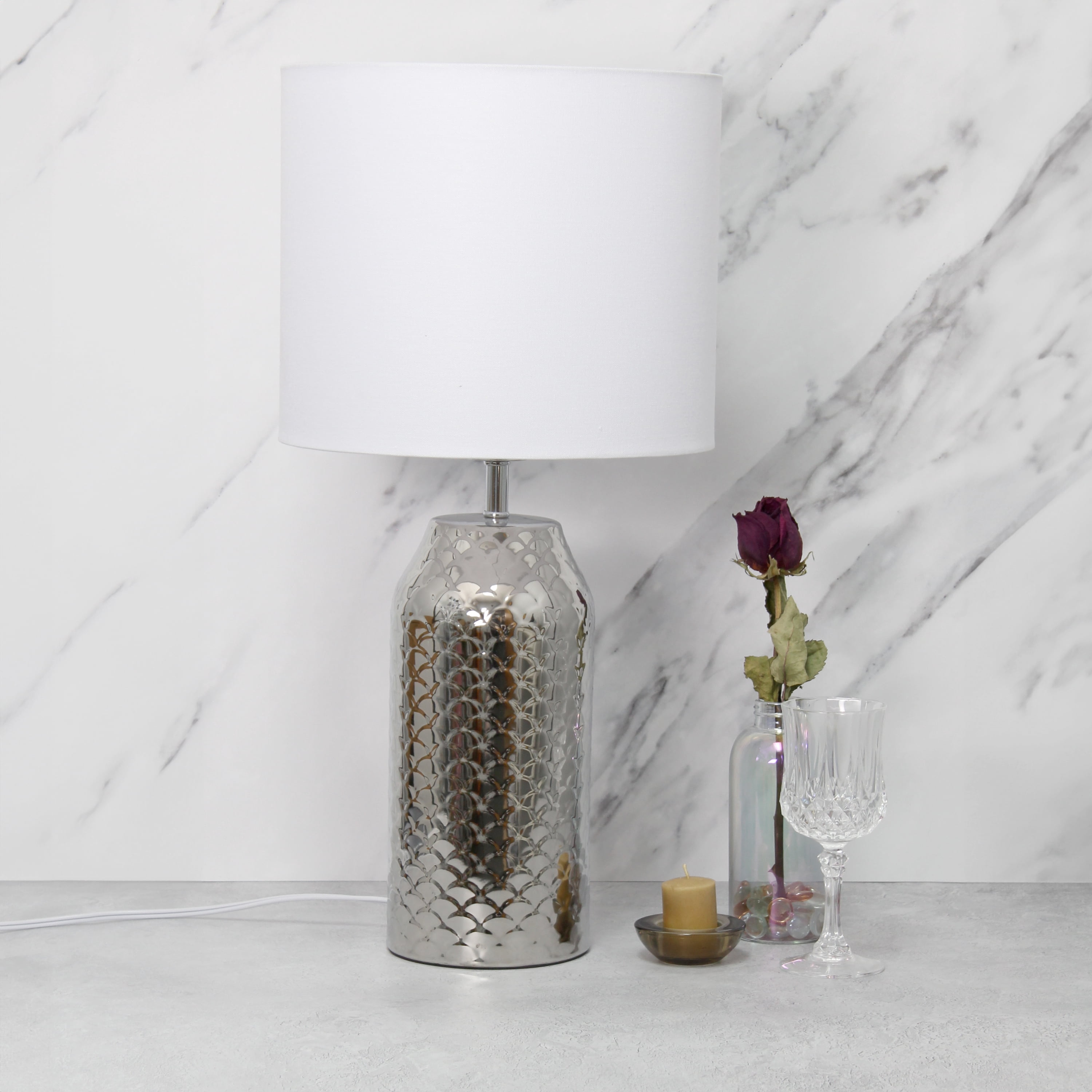 Simple Designs 23.75" Whimsical Wave Porcelain Mermaid Fishscale Table Lamp, Chrome with White Shade