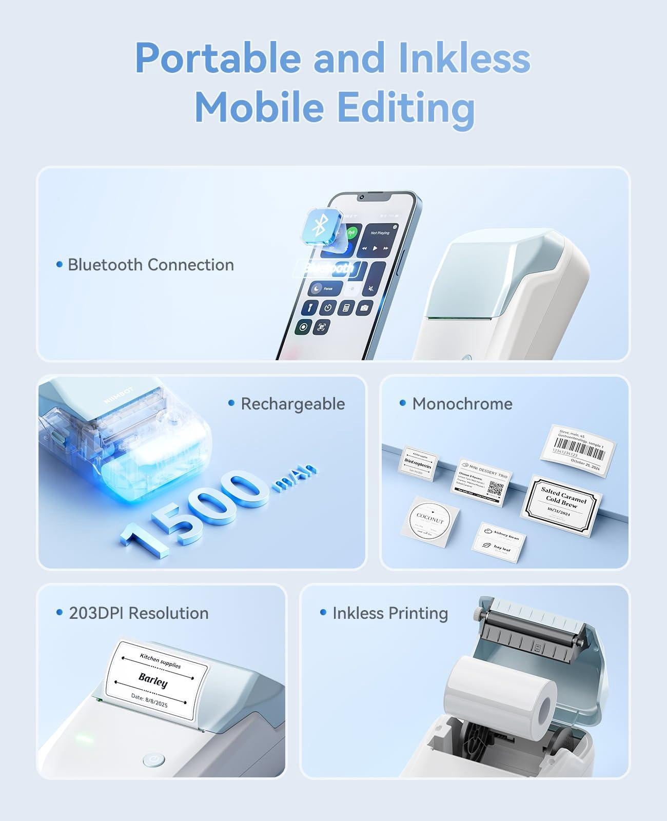 B1 Label Maker Machine  Thermal Printer Easy To Use For Office Home Business Came With 1 Roll White Label(light Blue)