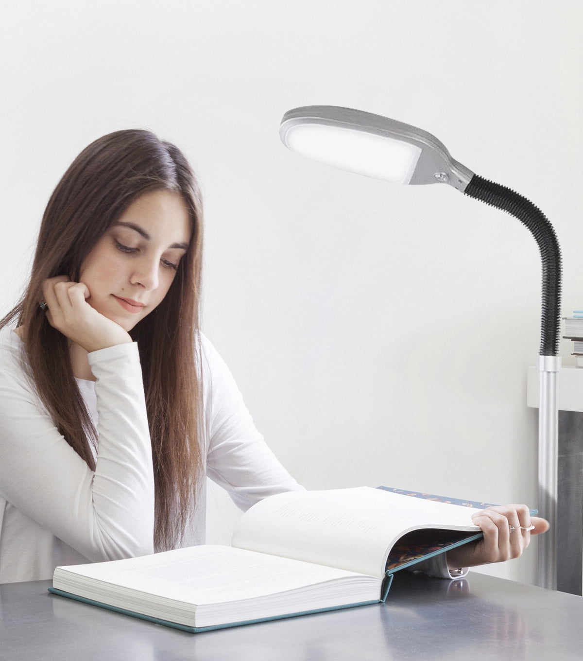 Brightech Litespan - Bright LED Floor Lamp for Crafts and Reading, Estheticians' Light for Lash Extensions, Adjustable Gooseneck Standing Lamp for Living Room, Bedroom and Office - Silver