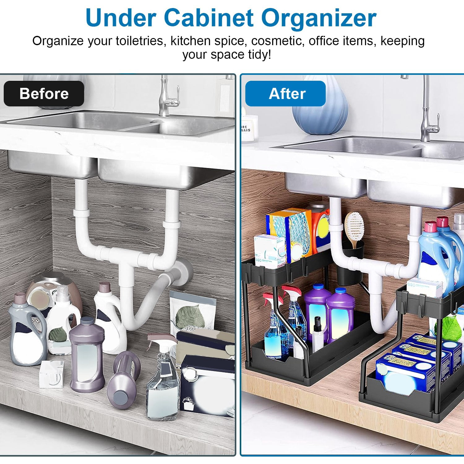 2 Pack 2-Tier Under Sink Organizer and Storage Sliding Cabinet Organizers Storage Shelves with 8 Removable Hooks 2 Hanging Cups for Bathroom Kitchen Office