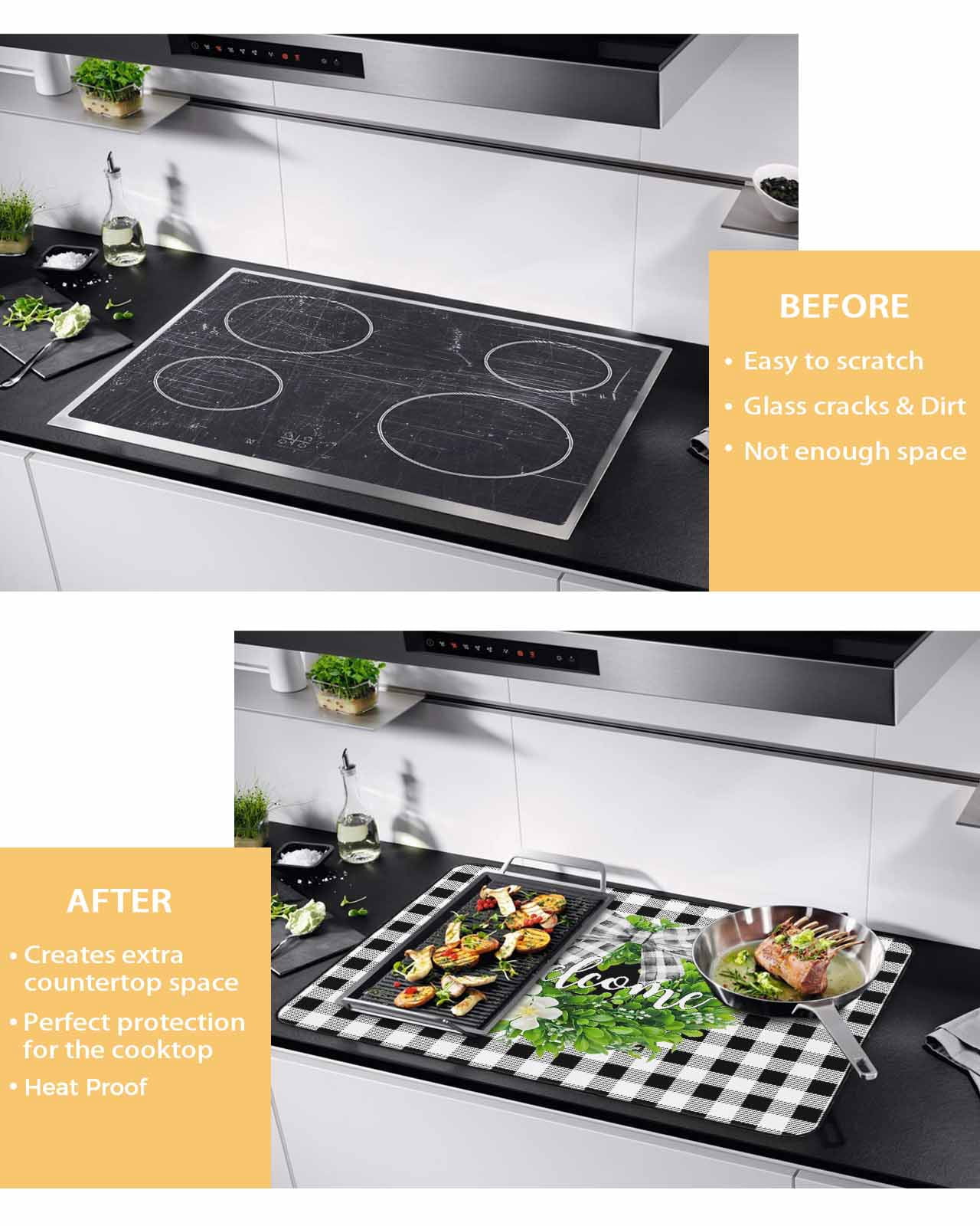 Large Induction Cooktop Protector Mat Welcome Bow Knot Wreath Stove Top Covers for Electric Stove, Summer Flowers Black Gray Plaid Decorative Stove Burner Cover Mats, Glass Top Stove Cover