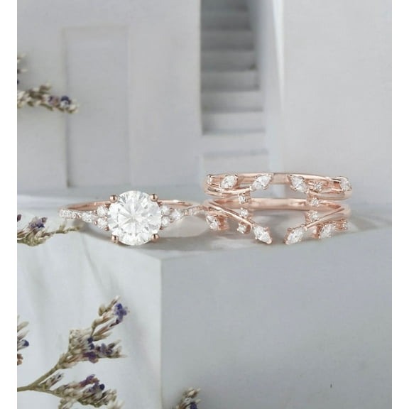 Bluebell Jewels Round Cut CZ Wedding Ring Set – 14K Rose Gold Finish Promise & Engagement Rings