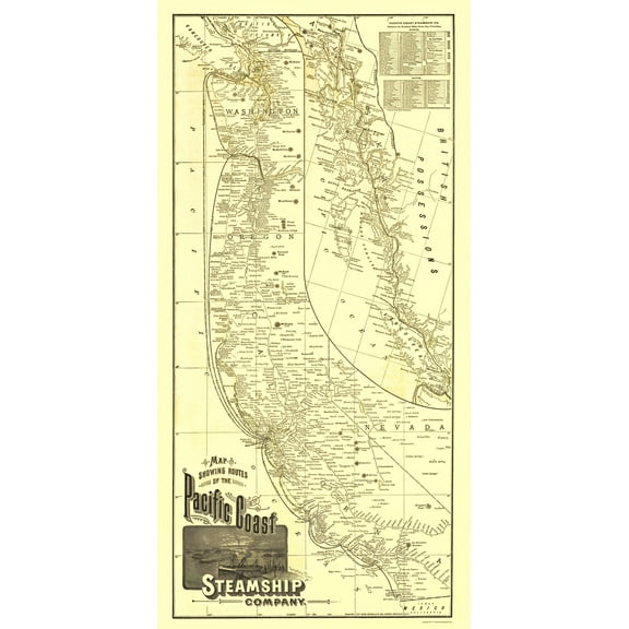 Historic Nautical Map - Pacific Coast Steamship Company Routes - 1891 - 23 x 46.07 - Vintage Wall Art