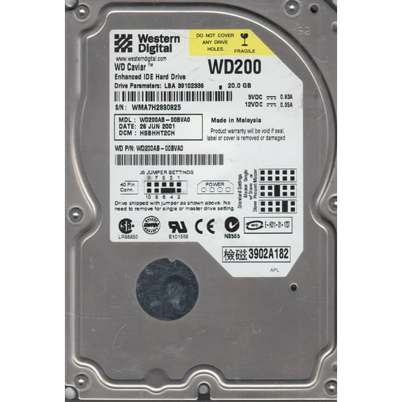 WD200AB-00BVA0, DCM HSBHHT2CH, Western Digital 20GB IDE 3.5 Hard Drive