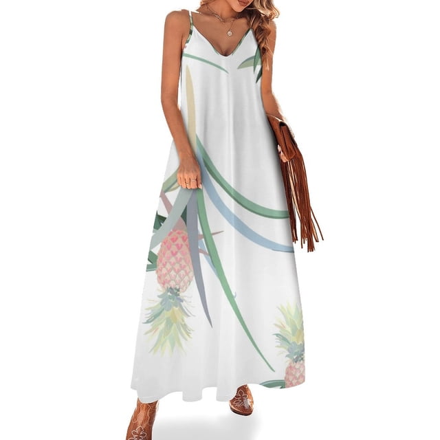 Vestido sin mangas a gran escala de piña rosa sobre blanco vestidos estilo coreano vestido largo mujer verano vestido largo vestidos para mujer
