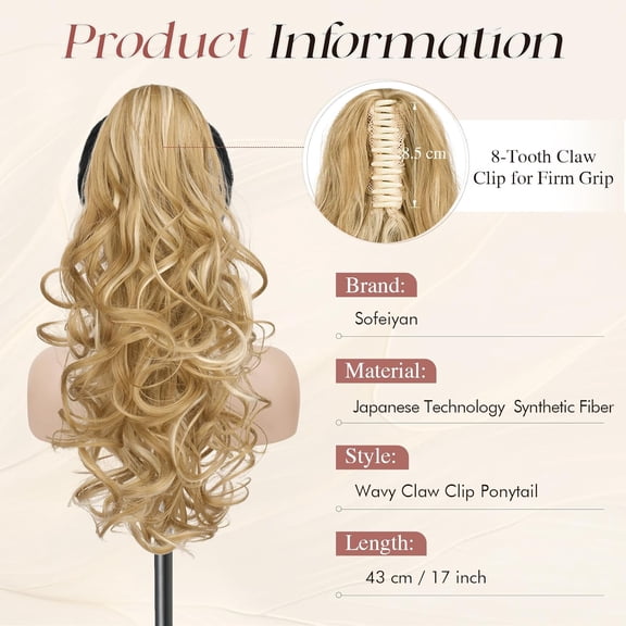 WEIF-Ponytail Extension Long Curly Ponytail 17 inch Claw Clip in Hair Extension Fake Pony Tail Natural Looking Synthetic Hairpiece for Women - Strawberry Blonde & Bleach Blonde