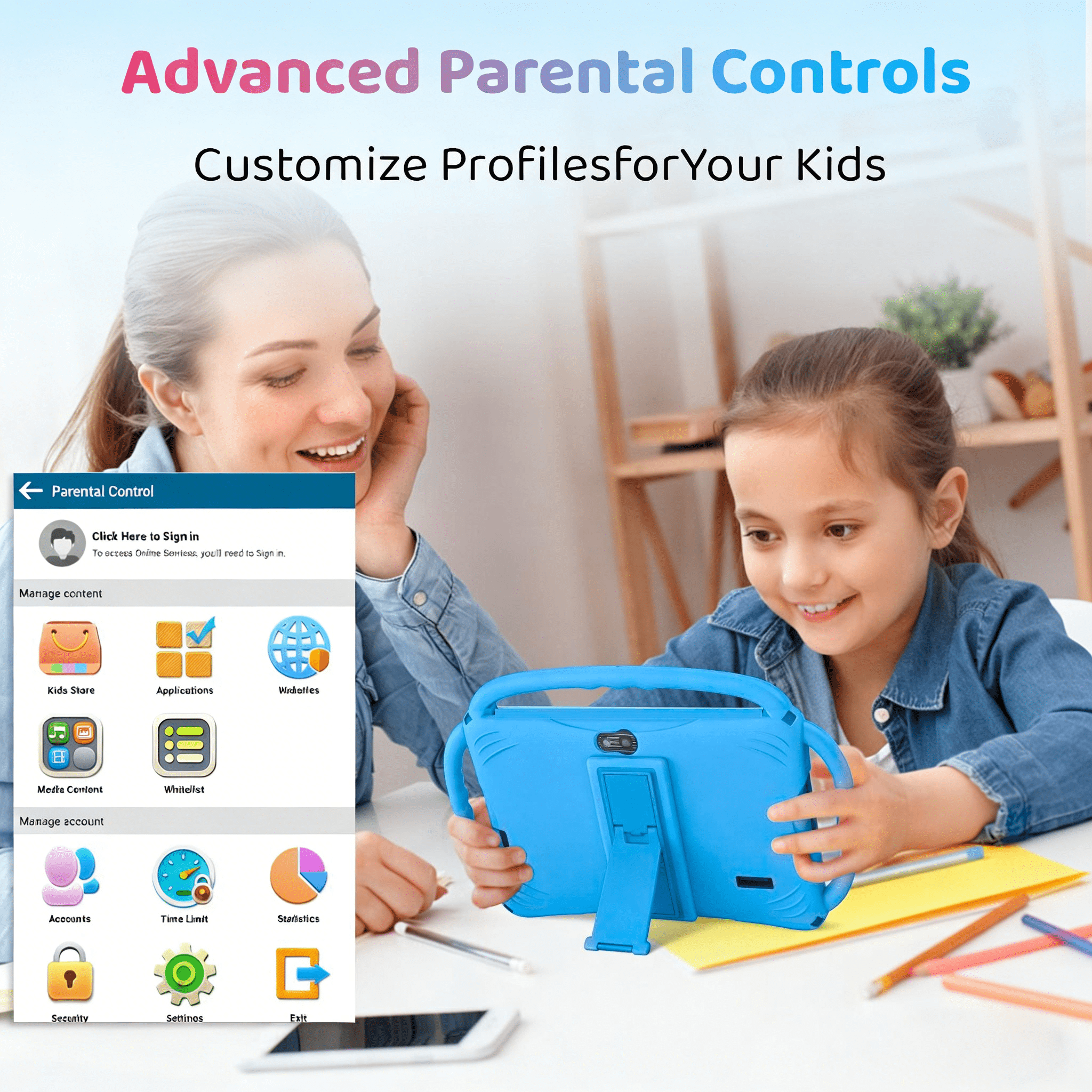 Kids Tablet 7 inch Android 11, 6GB RAM 32GB ROM, 512GB Expandsion, with Parental Control, WiFi, Bluetooth, Dual Camera with Silicone Case, 1PCS(light blue)