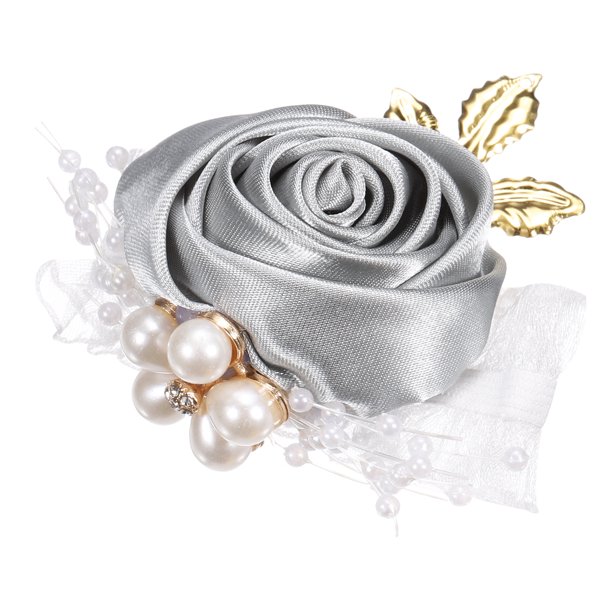 Uxcell Pulsera de muñeca de flores artificiales, paquete de 1 pulsera de rosa para novias y novios, decorativa, 7x7cm, gris claro