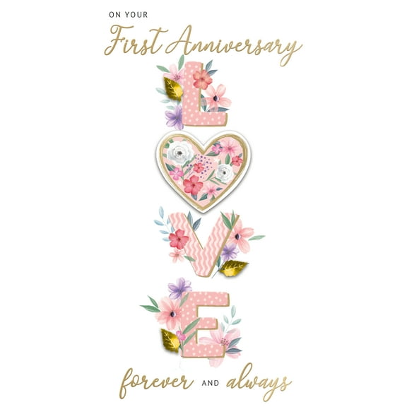 Handmade "Champagne" Greeting Card 1st Anniversary - LOVE Lettering & Flowers