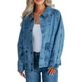 thumbnail image 3 of Womens Oversized Jean Jacket Casual Long Sleeve Button Down Denim Jacket Fall Coat Blue M, 3 of 9