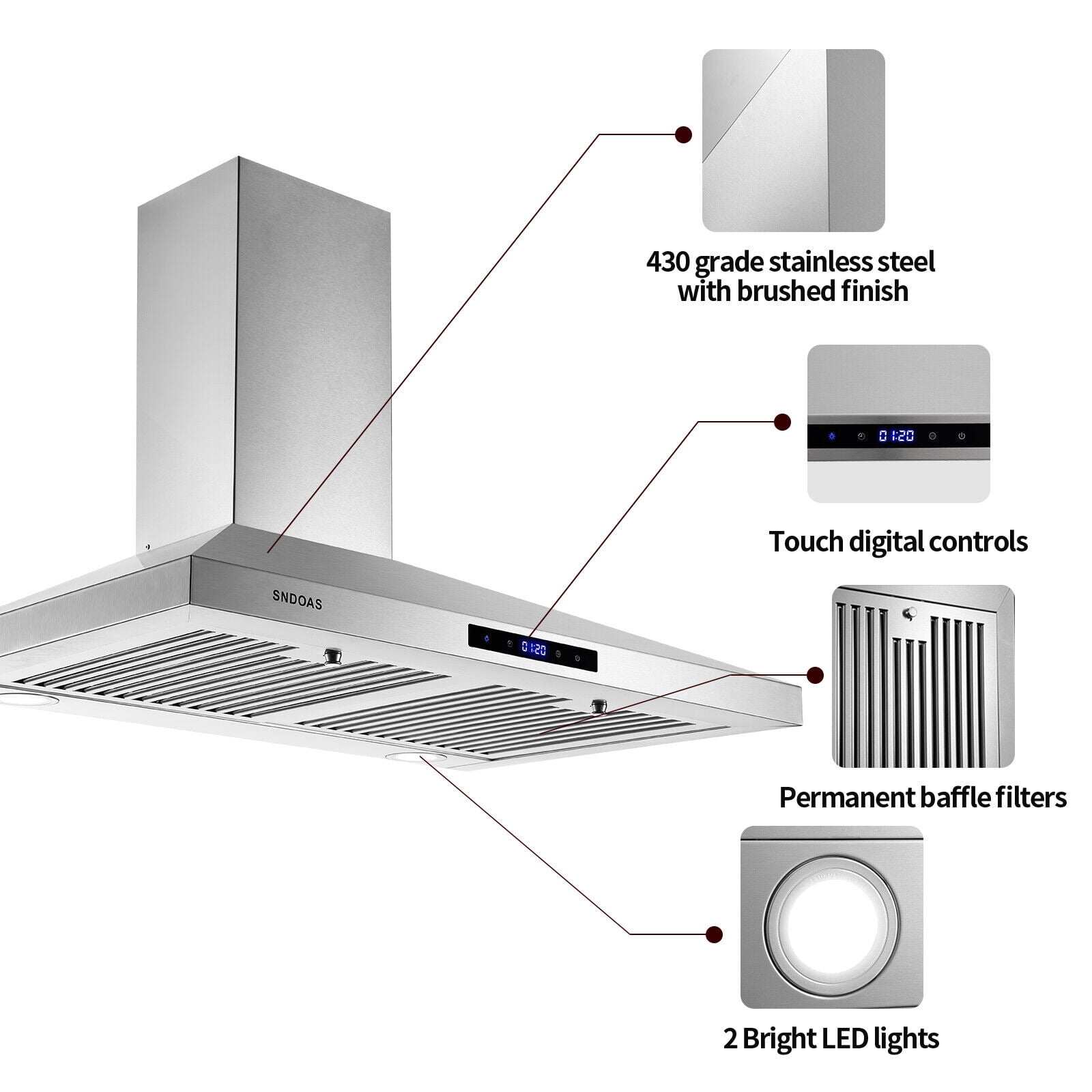 Joeaonz 30 Inch Stainless Steel Wall Mount Range Hood with LED Light & Touch Control