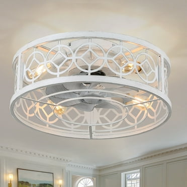 CurveCurio 20" Vintage Cream White Caged Light Ceiling Fan, Flush Mount Drum Shaped Classic Ceiling Fan for Bedroom Pattern two