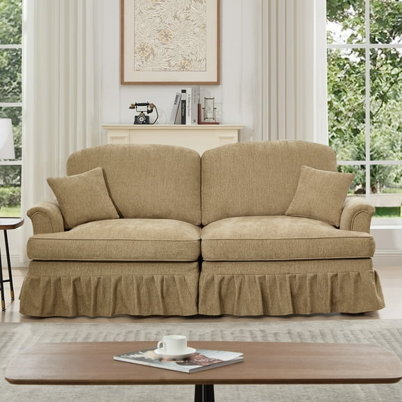 Elegant Mid-Century Oversized 2-Seater Chenille Sofa Couch in Light Coffee | Flared Arms, Removable Ruffles, Spindle Legs | Soft, Comfy Love Seat for Living Room
