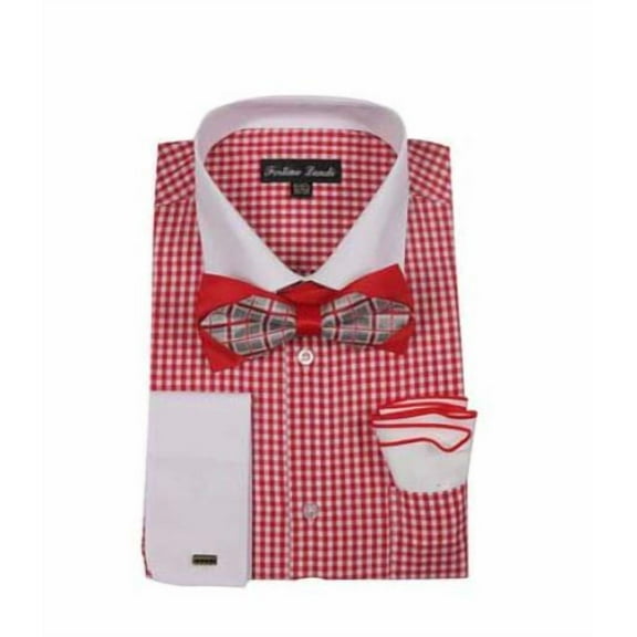 Men's Checks Shirt Red French Cuff With White Collared Contrast High Fashion Bowtie And Handkerchief White Collar Two Toned Contrast
