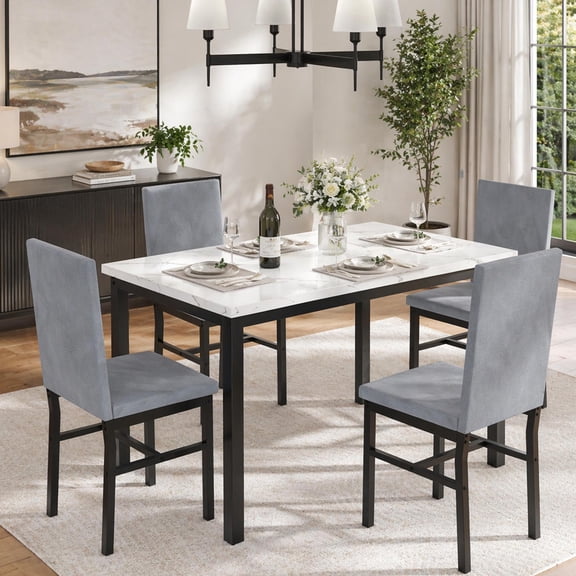 UHOMEPRO 5 Piece Dining Room Table Set, Modern Dining Table Sets with Gray Velvet Upholstered Chairs for 4, Faux Marble Pattern Rectangle Kitchen Table Set for Breakfast Nook Small Space