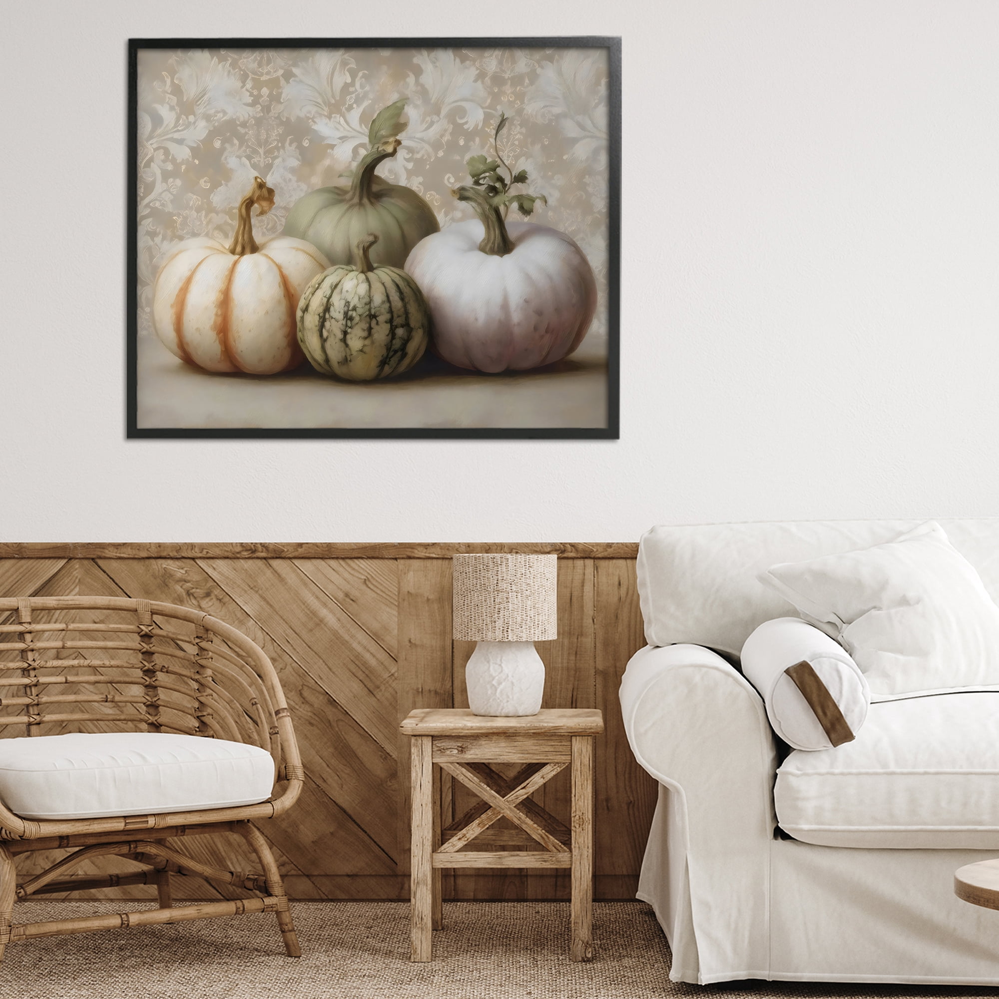 Stupell Industries Pastel Gourds on Vintage Pattern Black Framed Giclee Art, design by Arlington Prints
