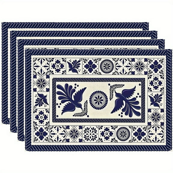 4pcs Tile Floral Mexican Placemats, Table Mats Durable Washable Rustic Linen Vintage Placemats for Home Dinner Party Camping Wedding Table Decoration 12 x 18 Inch