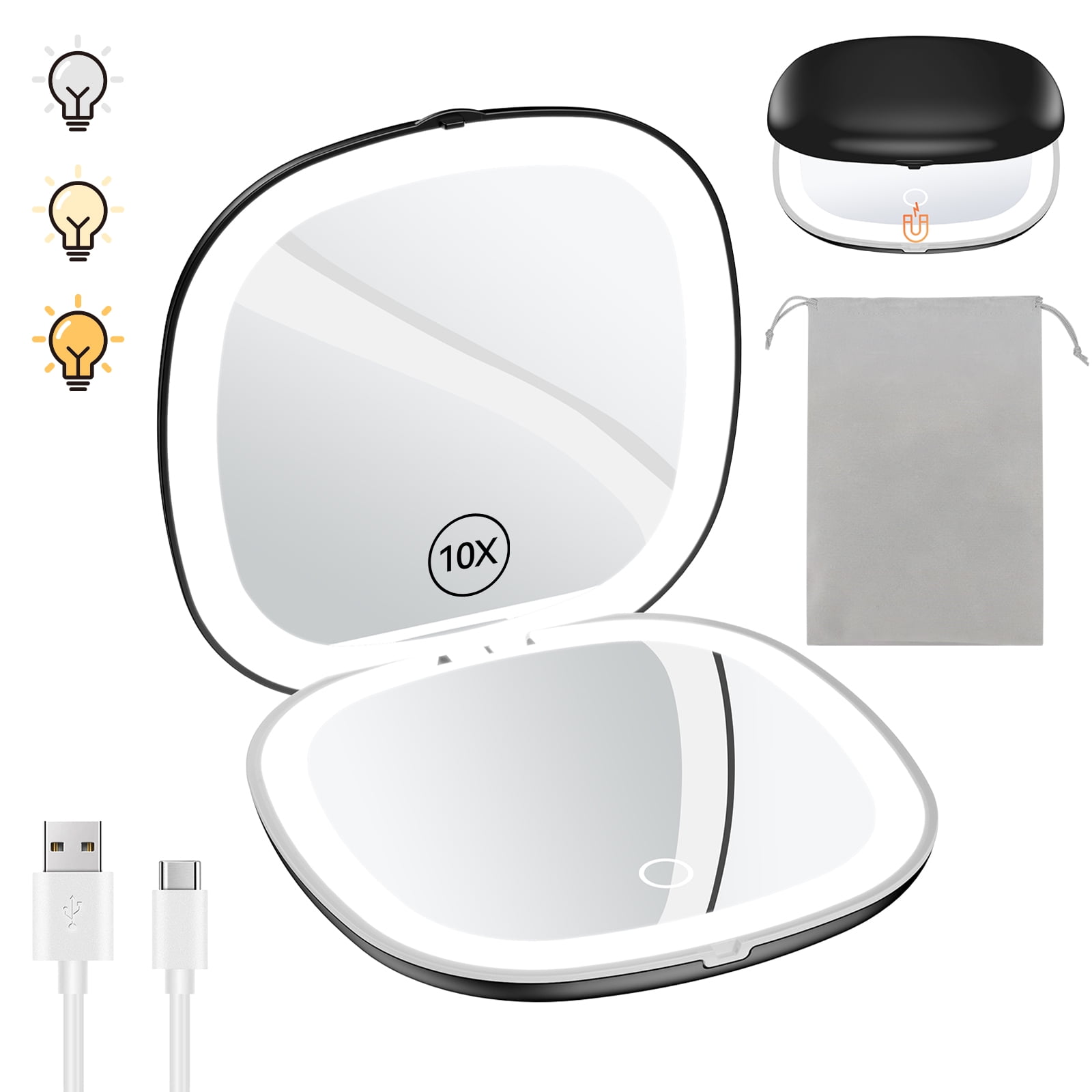 Gospire 3.9" Rechargeable Compact Mirror with 3 Light Colors and Magnification 1X / 10X, Double Light Strip Dimmable Travel Makeup Mirror LED Compact Makeup Mirror Small Purse Mirror, Black