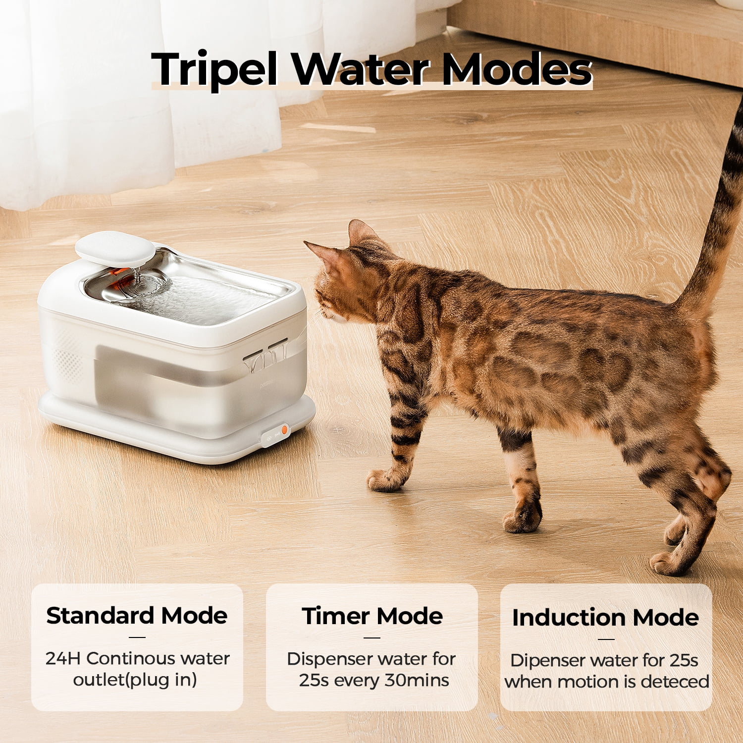 Wireless Automatic Pet Water Fountain 4.5L , Cordless Electromagnetic Pump, Stainless Steel Tray, Motion Sensor Mode, Ultra Quiet <30dB, Triple Filtration for Cats & Dogs,S7-Air-white