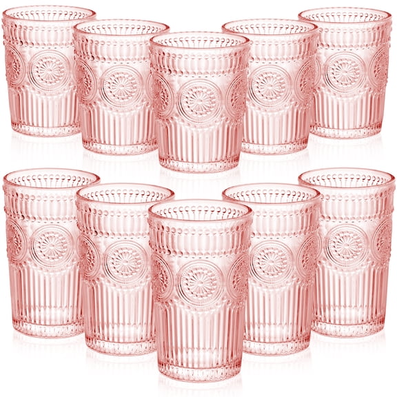 Vintage Drinking Glasses Set - 12 Piece Textured Embossed Glassware 6 Highball Glasses 12 oz & 6 Rocks Glasses 10 oz Romantic Cocktail Cups for Iced Water Juice Tea Beverage Coffee Pink