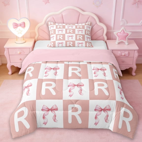 Erosebridal Girly Personalized Gifts Twin Comforter Sets,Pink Grid Alphabet R Print Bedding Set For Kids,Reversible pink,2 Pieces