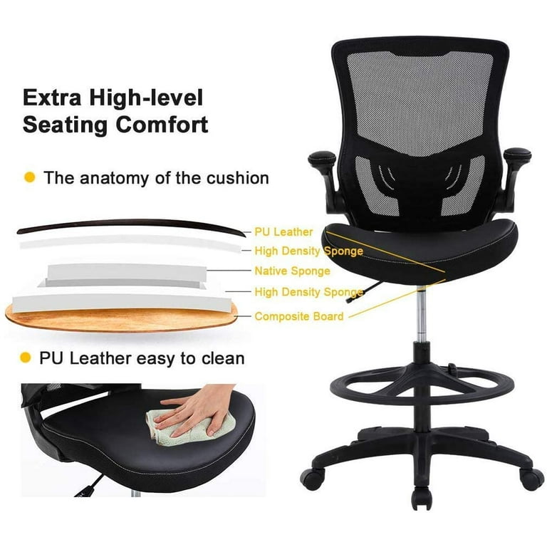 FORCLOVER Swivel Black Mesh Fabric Seat Office Drafting Chair with Flip-Up Arms and Lumbar Support