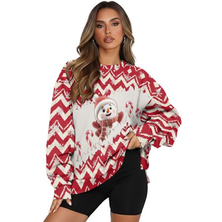 SCRAWLGOD Christmas Snowman Zigzag Line Snowflake Print Women Oversized Crewneck Sweatshirt Long Sleeve Pullover Tops Drop Shoulder Casual Oversized Workout Clothes with Pockets 3XL