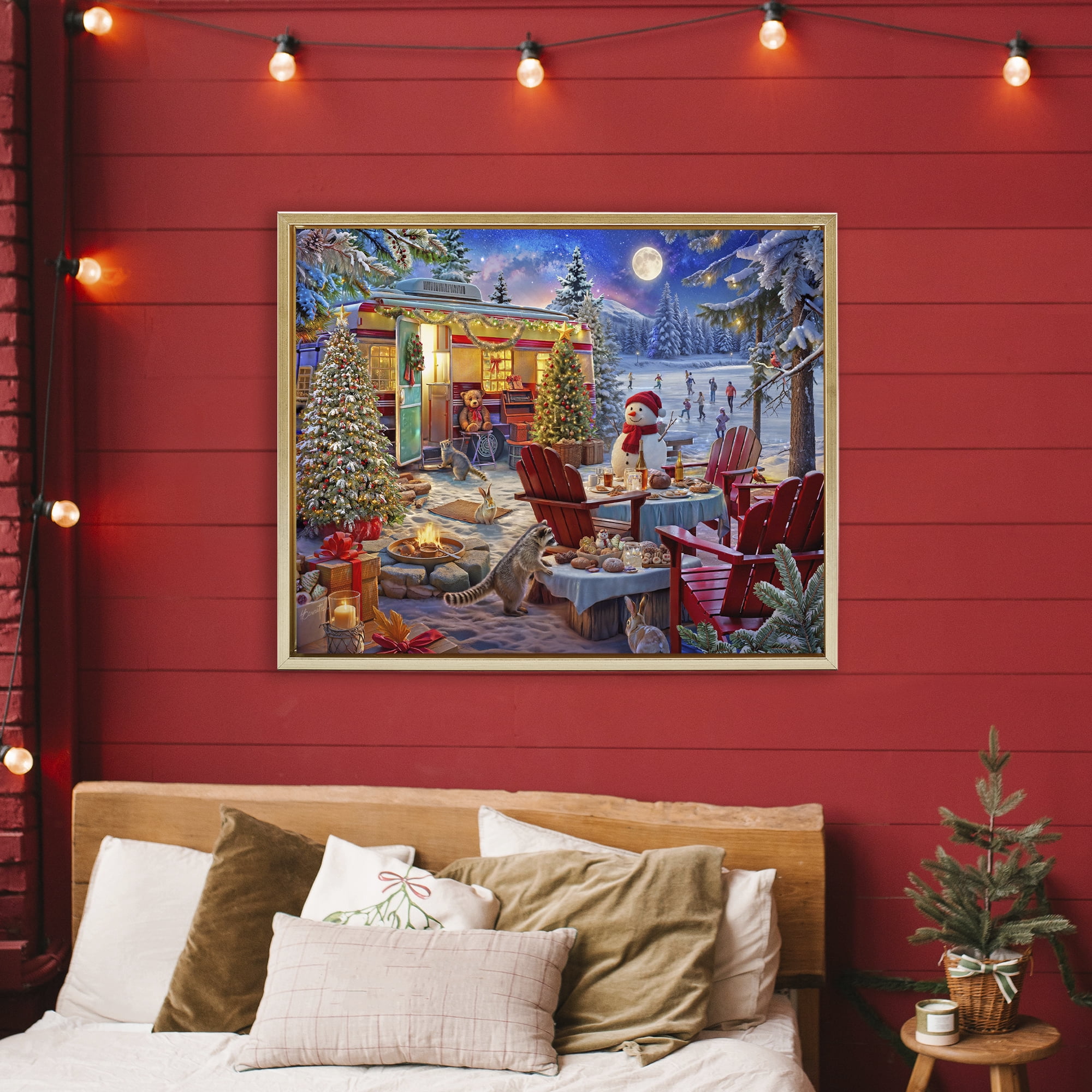 Winter Holiday Camper Party Gold Framed Floater Canvas Wall Art, design by Henriette Chinaglia